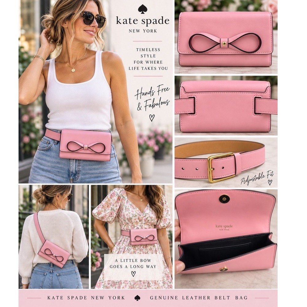 🎀 Kate Spade New York Genuine Leather Bow Belt Bag Waist Pack S/M Bubblegum pik